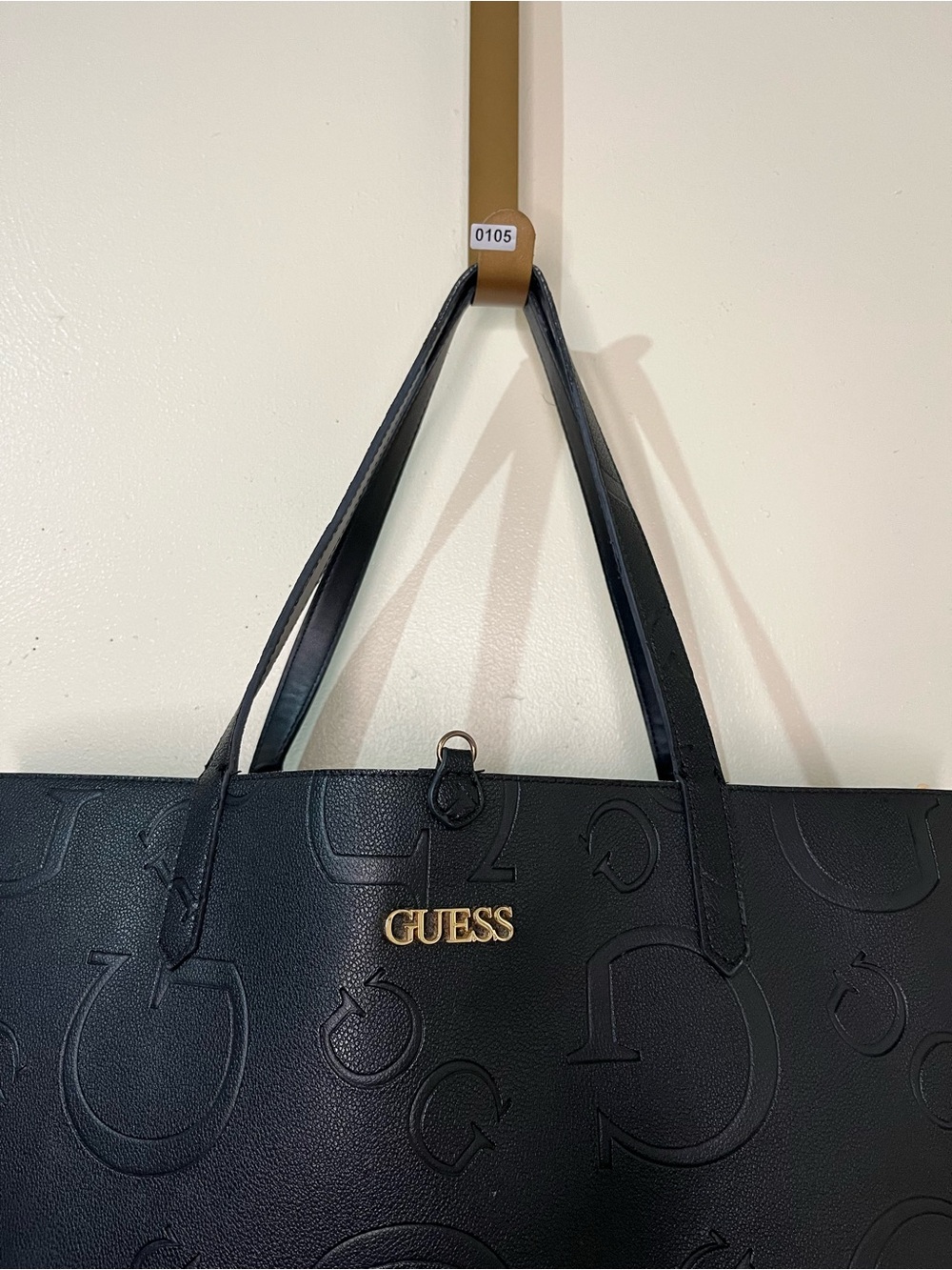 Guess Black Embossed Logo Tote with Gold Accent